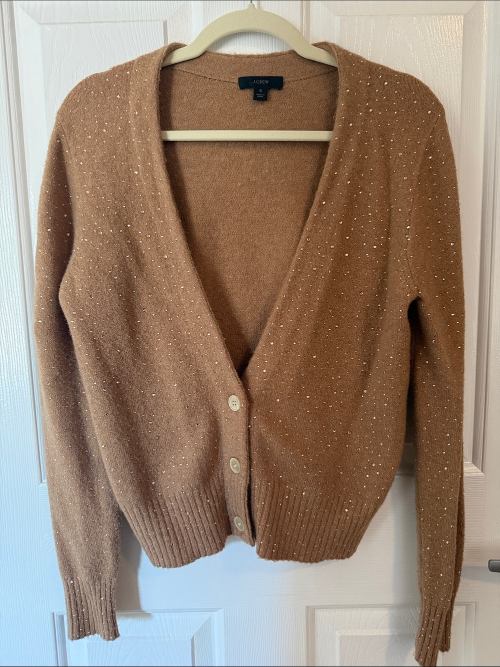 J. Crew Camel Brown Sparkle V-Neck Button Cardigan